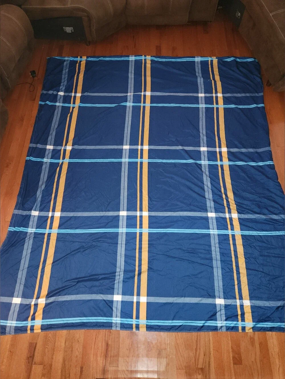 Blue Striped Bedding Set with Gold Accent